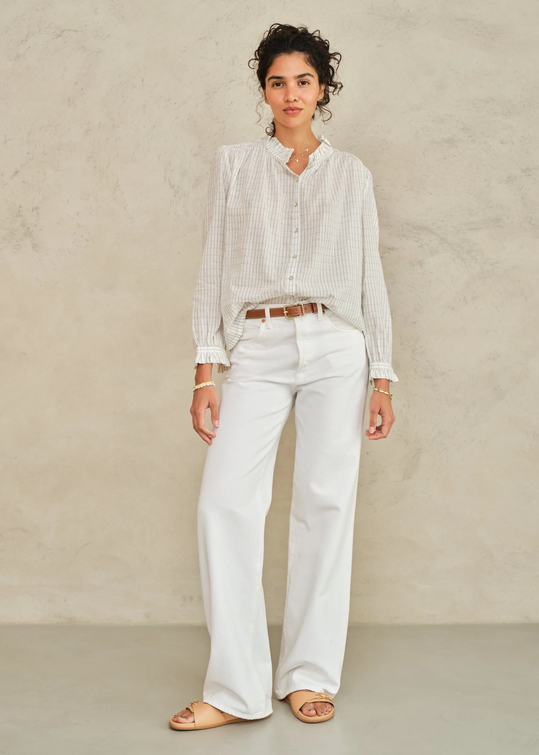 Chrissie Long Sleeve Top -Ecru/Check - Image 2