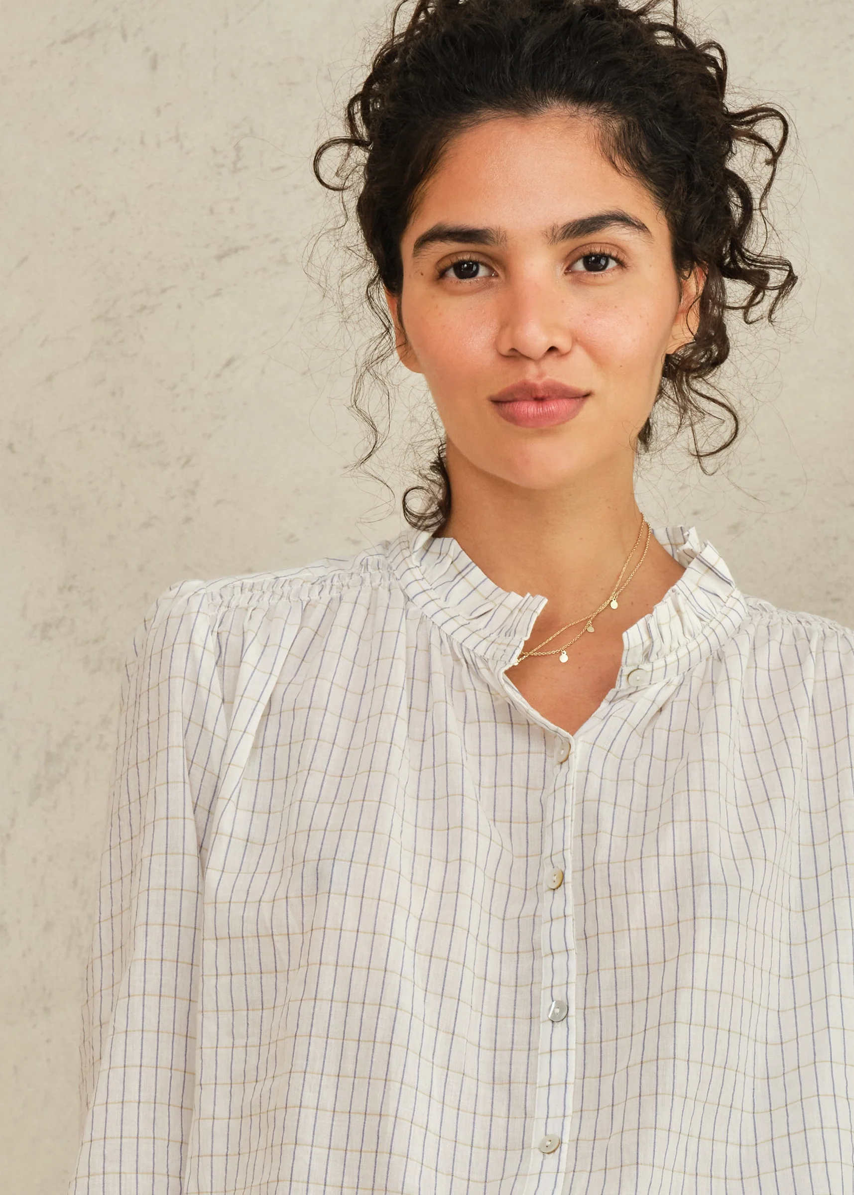 Chrissie Long Sleeve Top -Ecru/Check - Image 4