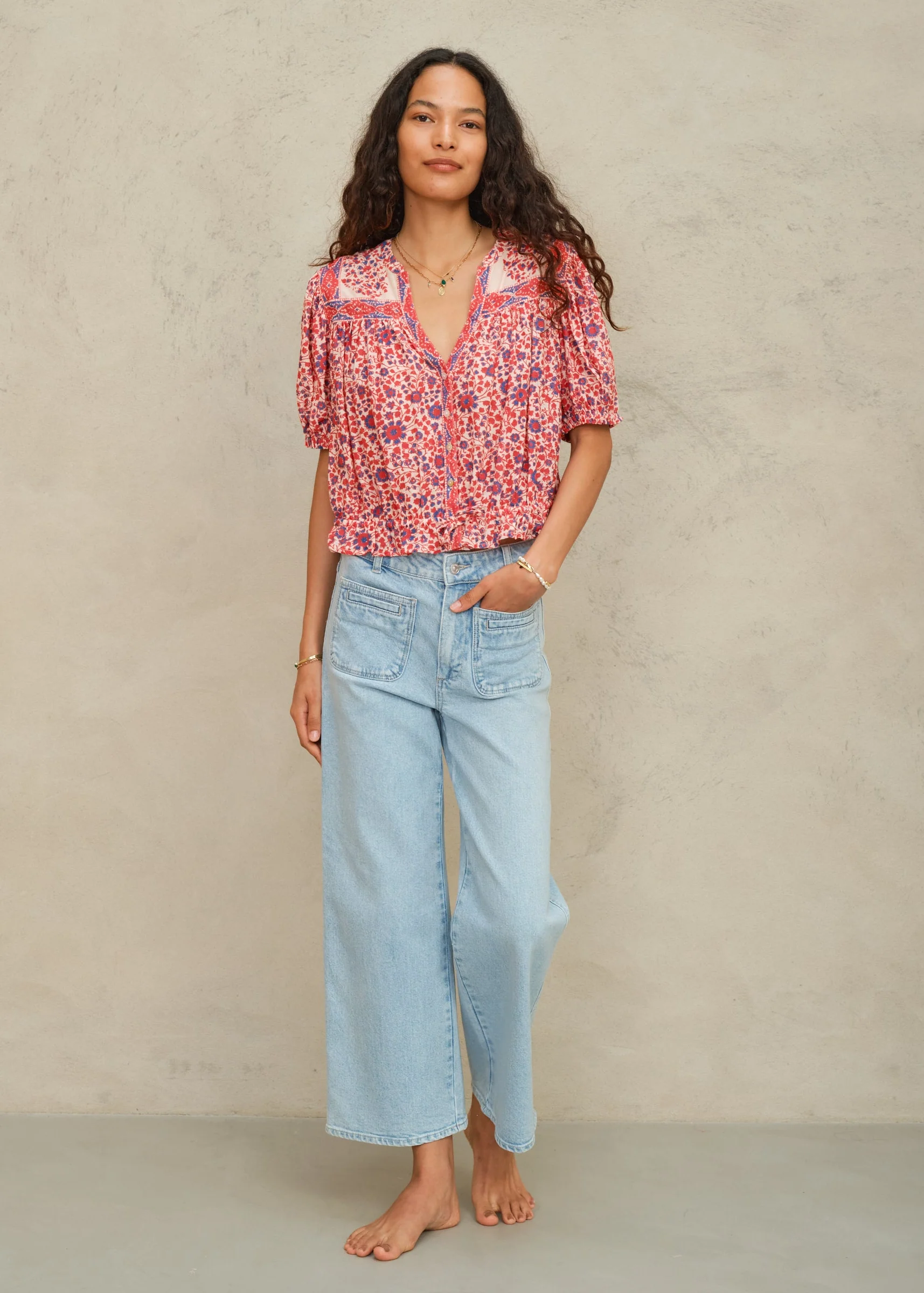 Della Short Sleeve Top - Red/Navy - Image 3