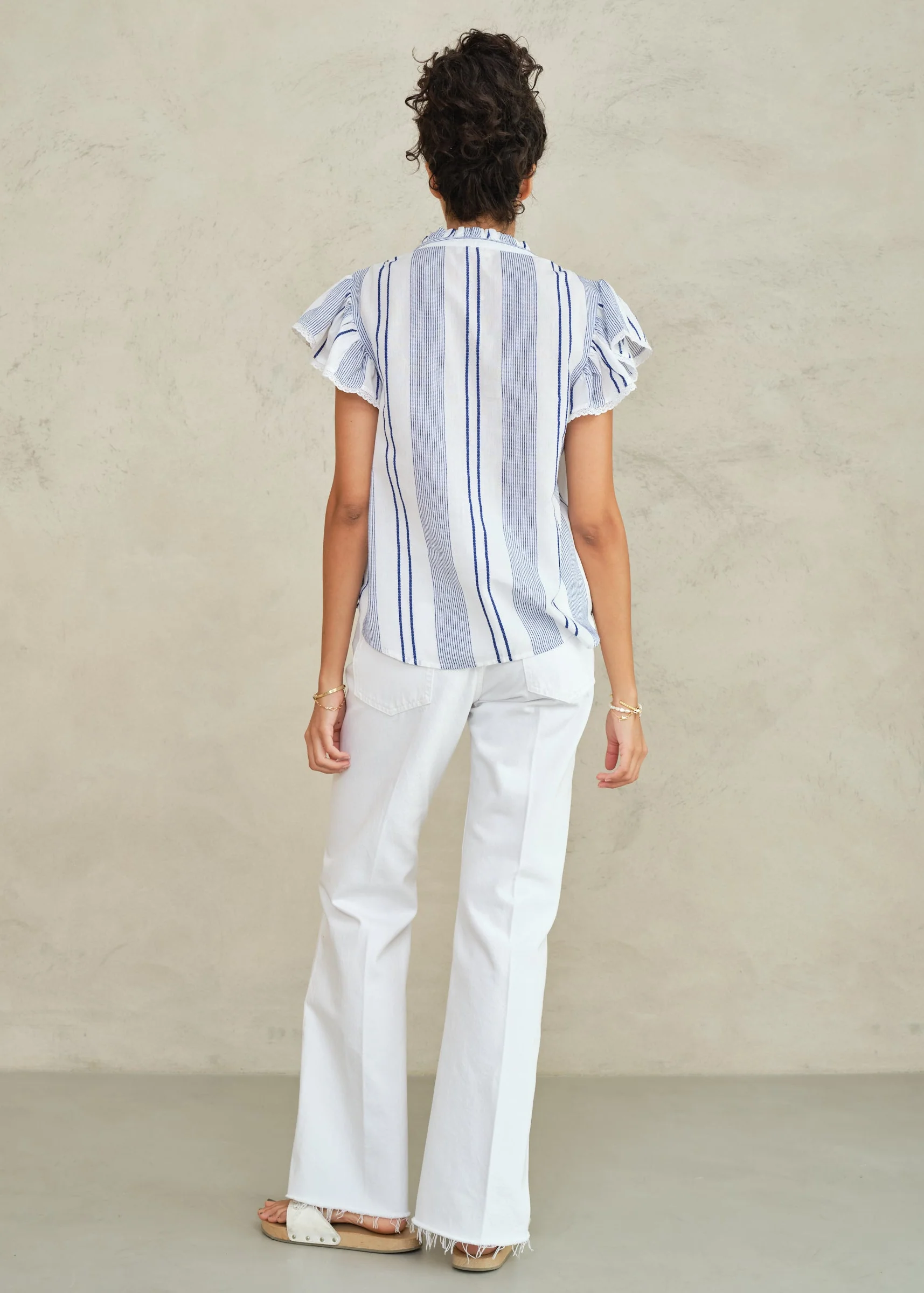 Eleni Woven Frill Top - Blue Stripe - Image 2
