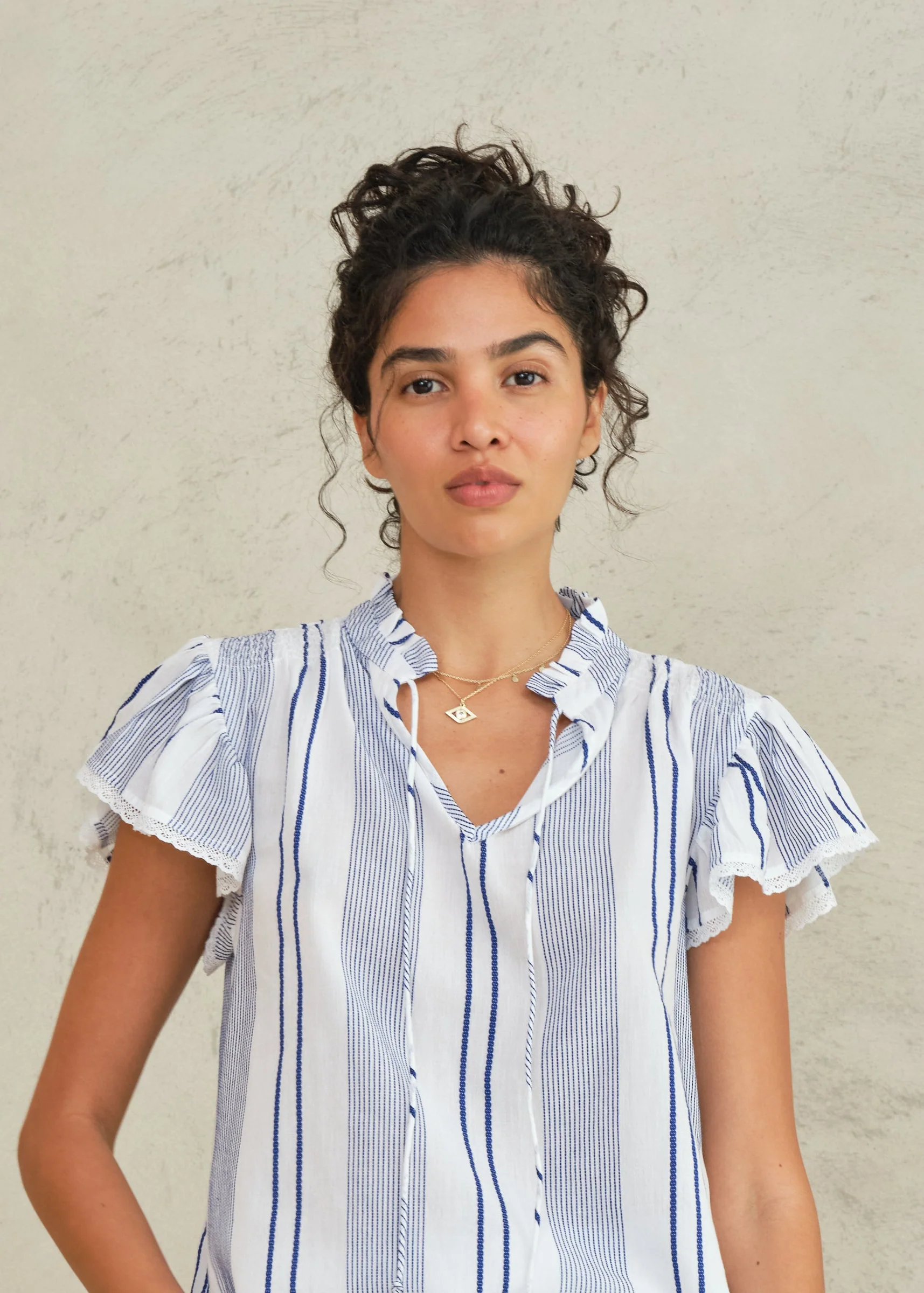 Eleni Woven Frill Top - Blue Stripe - Image 3