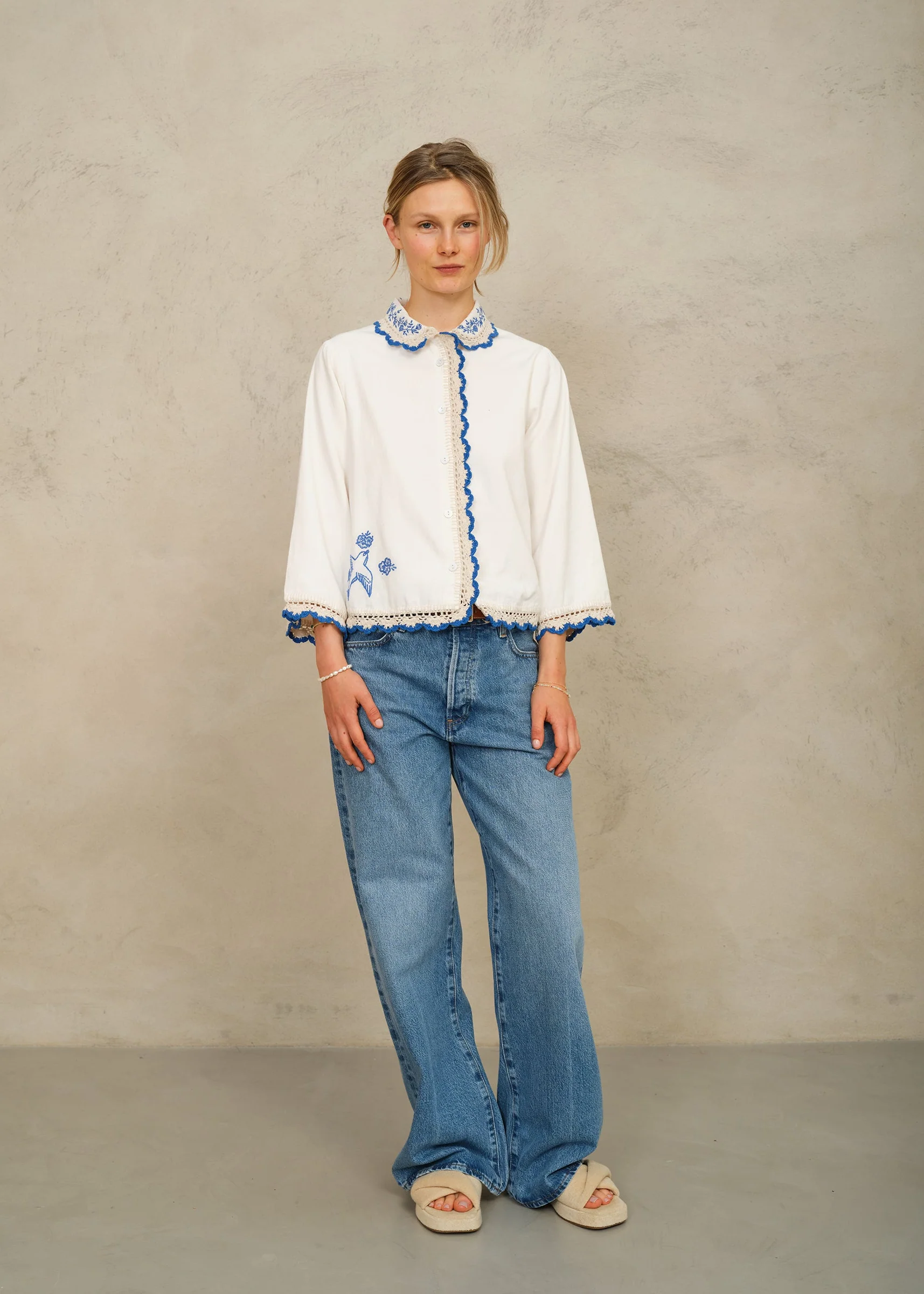 Frady Crochet Trim Top - Ivory/Blue - Image 2