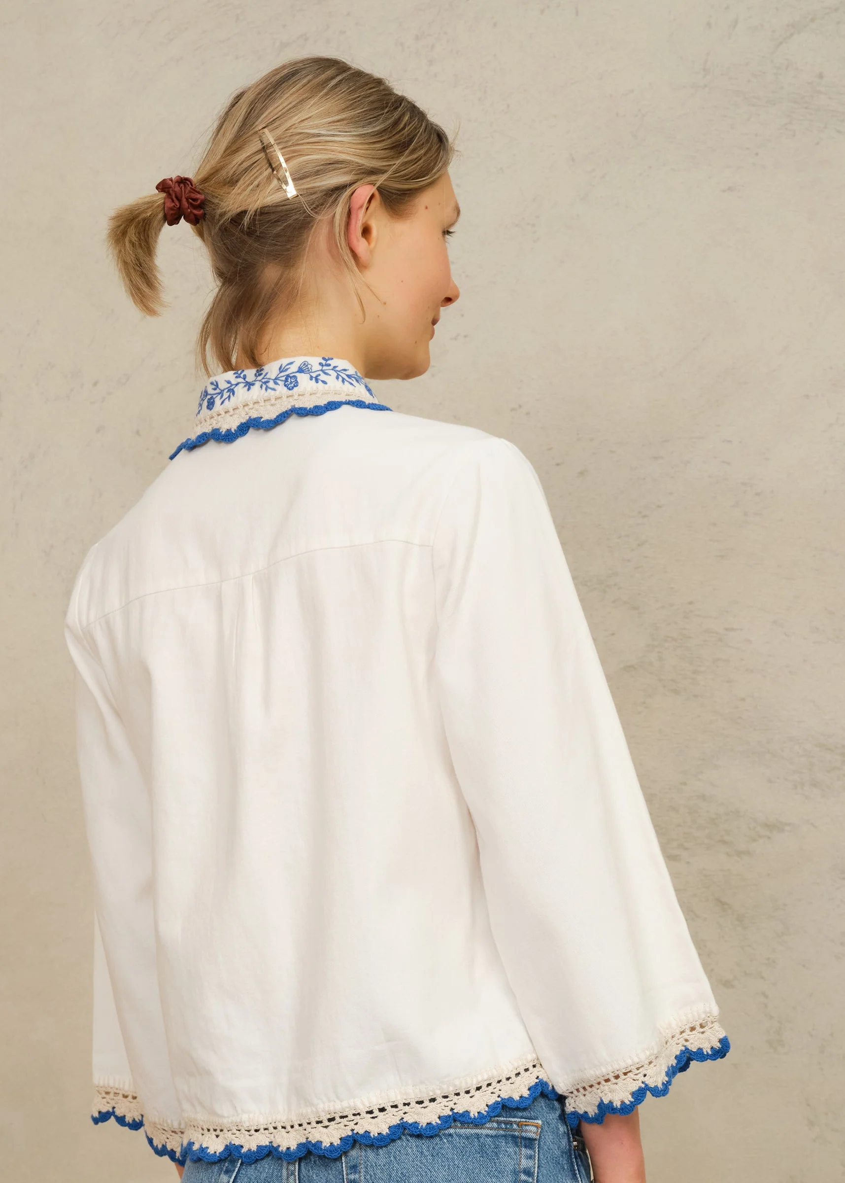 Frady Crochet Trim Top - Ivory/Blue - Image 3