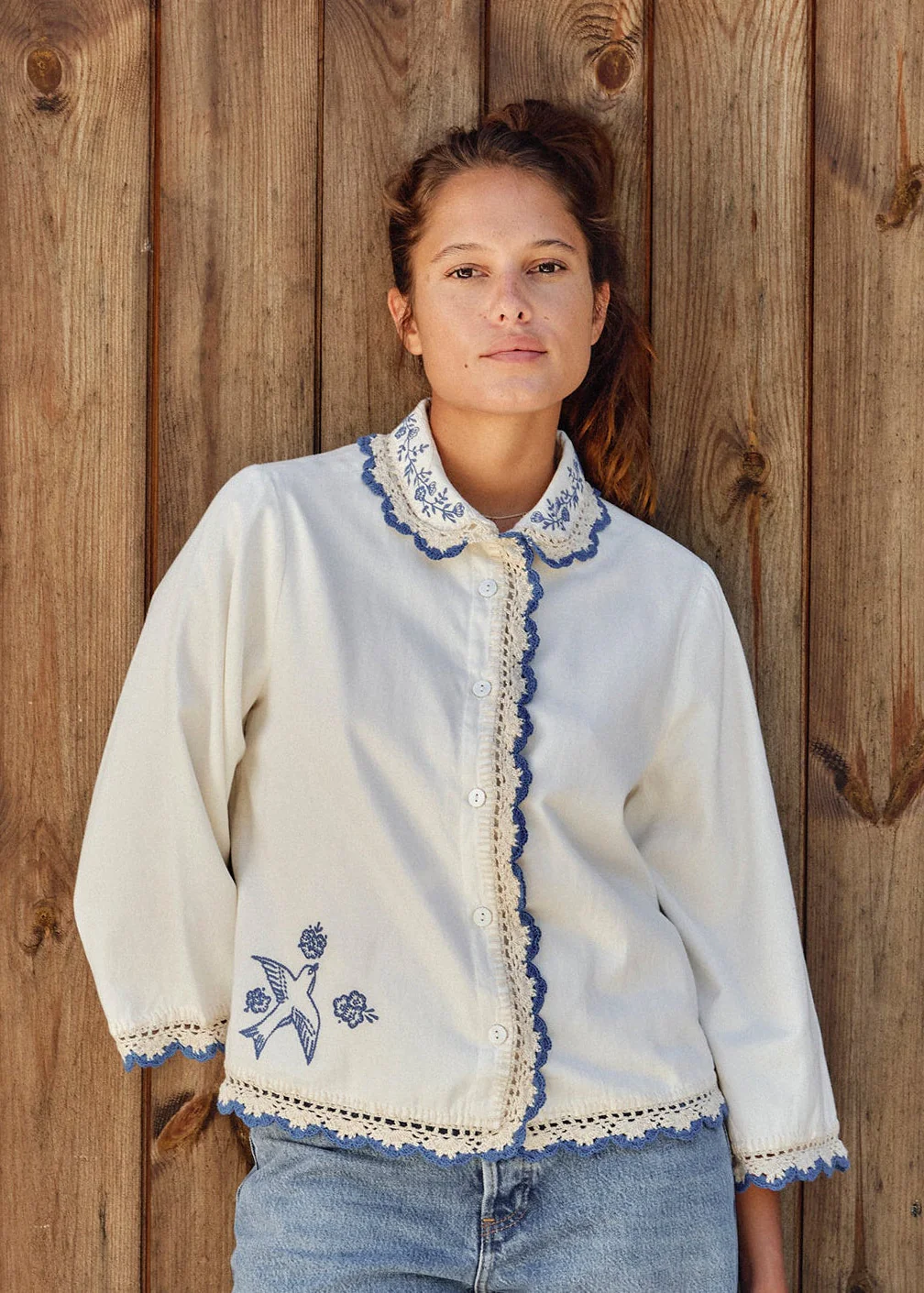 Frady Crochet Trim Top - Ivory/Blue - Image 6