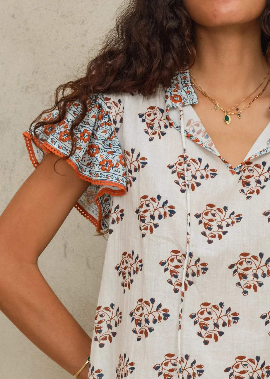 Stella Short Sleeve Top - Ecru/Rust - Image 3