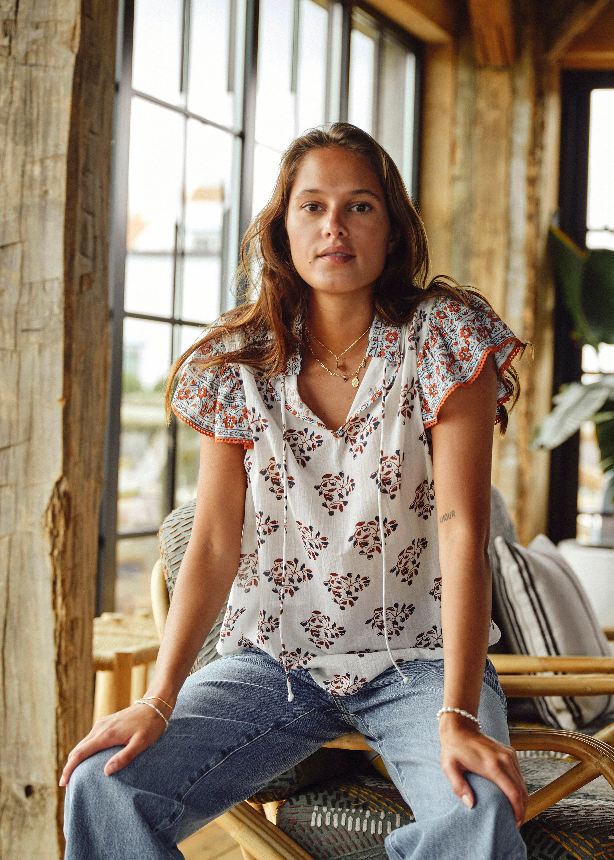 Stella Short Sleeve Top - Ecru/Rust - Image 4