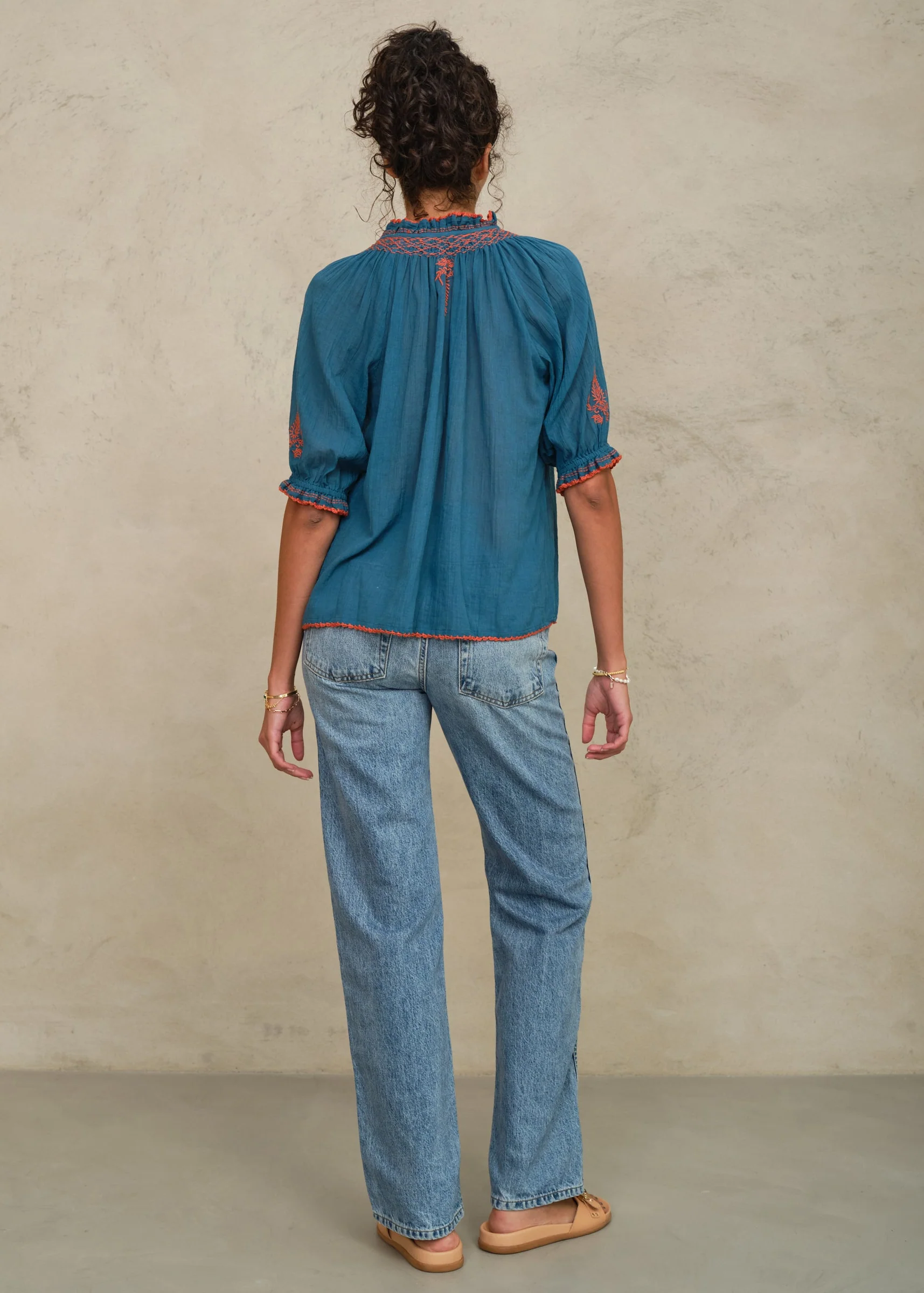 Talia Short Sleeve Top - Blue/Orange - Image 3