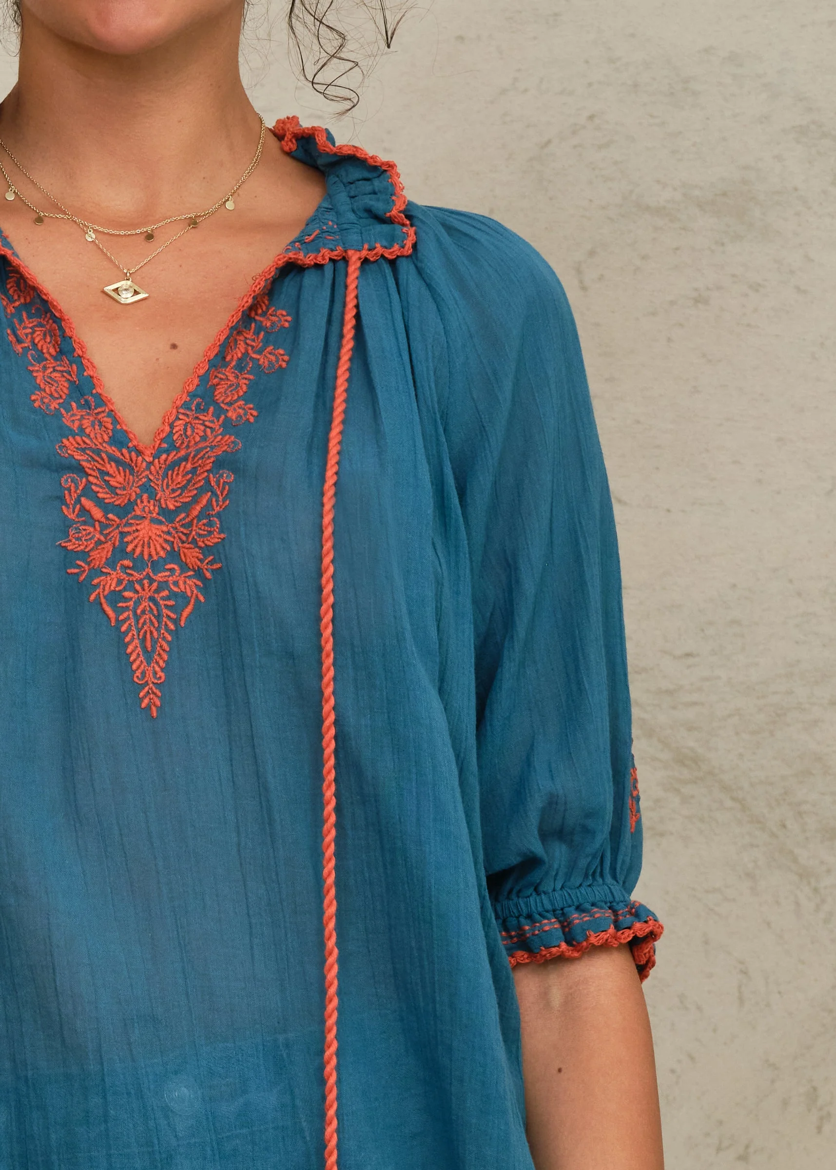 Talia Short Sleeve Top - Blue/Orange - Image 4