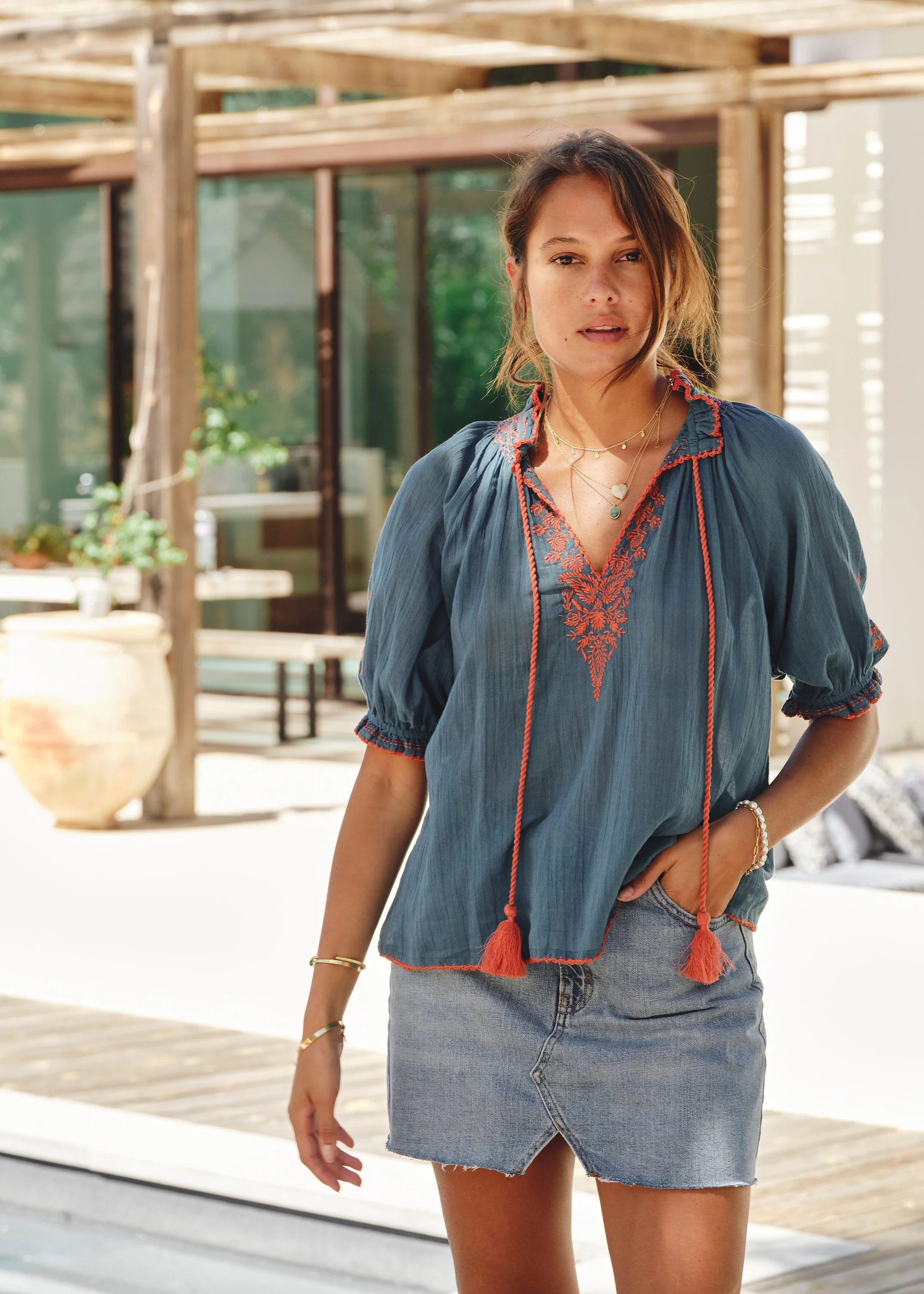 Talia Short Sleeve Top - Blue/Orange - Image 7